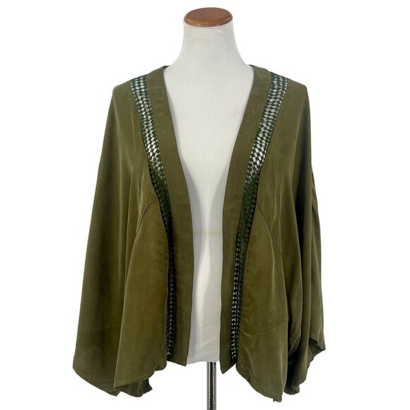 Free People Boho Kimono Jacket | Olive Green Flowy Duster Open Front Cottagecore - Picture 3 of 15